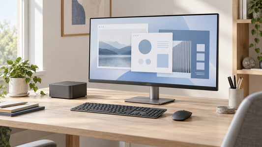 A tidy home-office desk with a generic compact computer and a monitor showing abstract work windows.