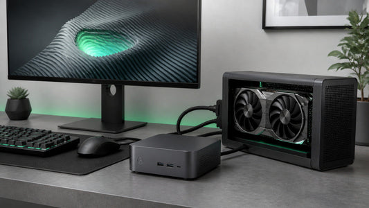 Compact mini PC beside an external GPU enclosure on a modern desk