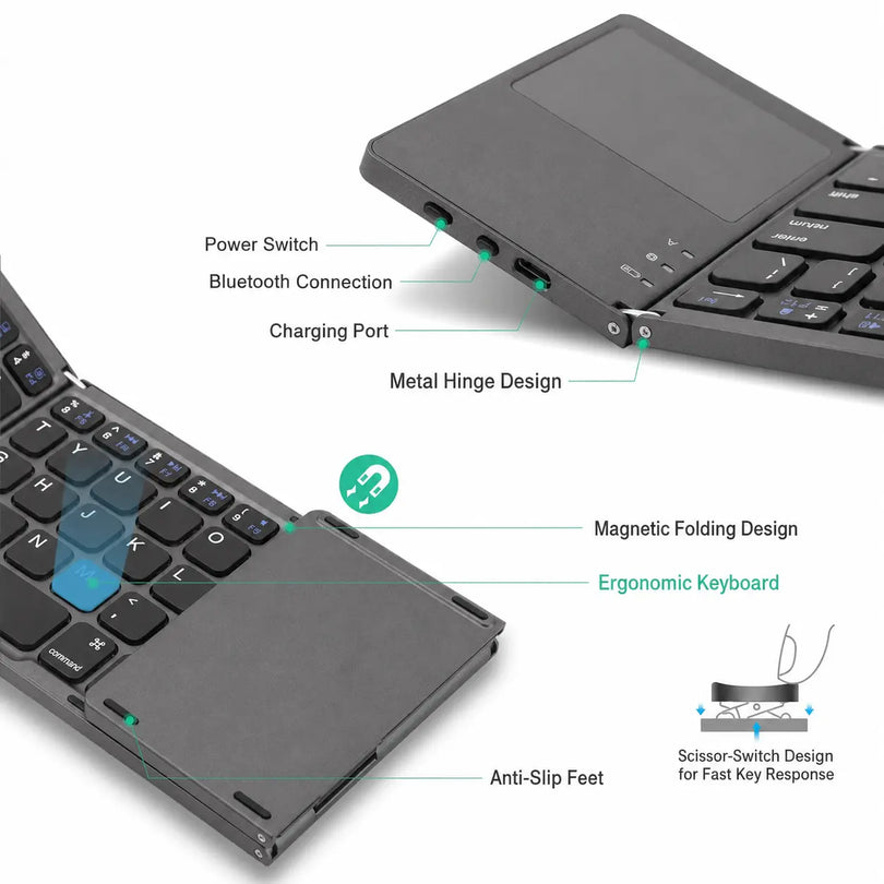 GMKtec Mini Portable Tri-Fold Bluetooth Keyboard with Touchpad
