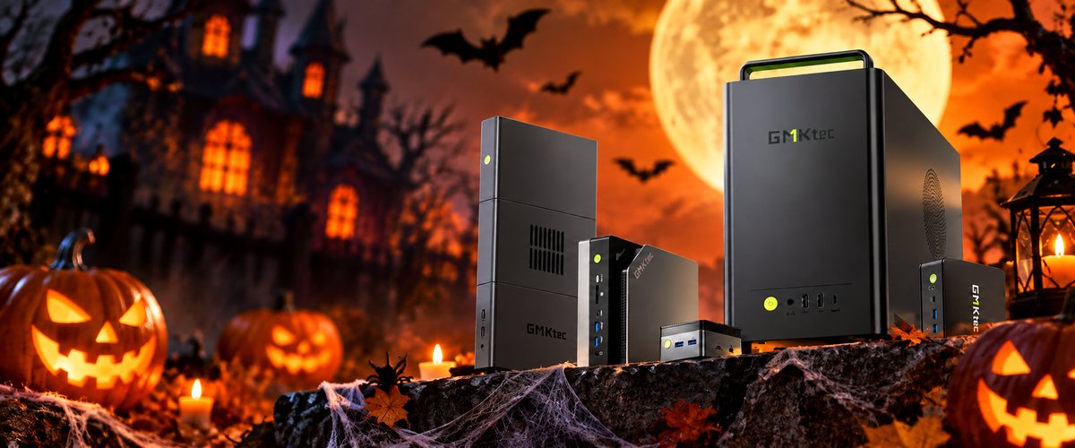 GMKtec mini PCs on a warm gold campaign background